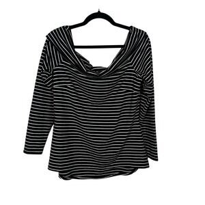 Eloquii Top Plus 16 Striped Off The Shoulder Long Sleeve Ribbed Knit Black White